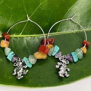 Grateful Dead Earrings Hoop Bear Rainbow Gem Stone Beads Handmade Jewelry #3